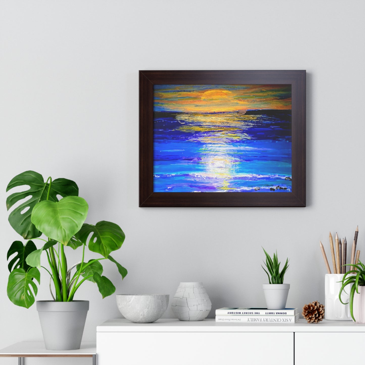 Framed Sunset Art Print, Coastal Wall Decor, Ocean Landscape, Beach House Artwork, Relaxing Home Decor, Gift for Ocean Lovers